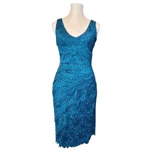 Le Château Teal Lace Beaded Cocktail Dress – Size XXS – Y2K Fitted Evening Dress